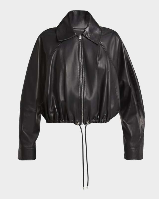 Leather Zip-Up Drawstring Balloon Jacket